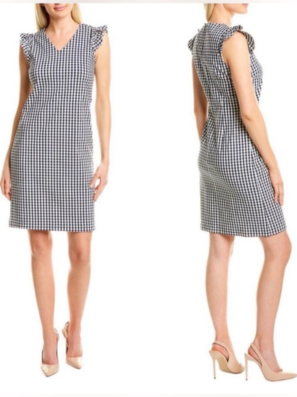 J.McLaughlin Joselyn Gingham Check Ruffle Cap Sleeve Shift Dress White Navy Sz 6